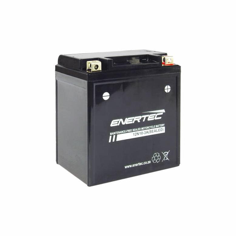 Enertec 12N10-3A 12V 11Ah AGM Motorcycle Battery, providing reliable power and vibration resistance for motorcycles.