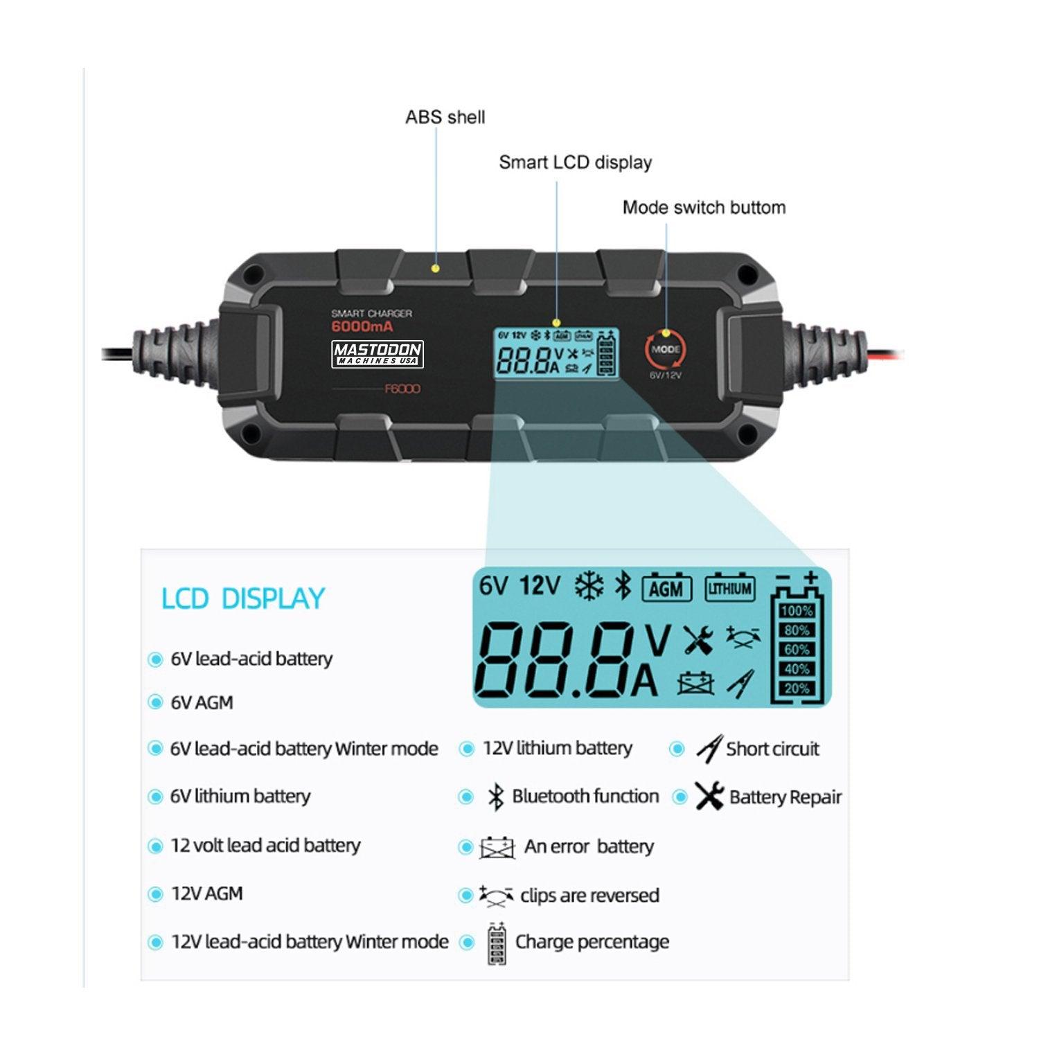 MASTODON F6000 12V/6V 6AH INTELLIGENT BATTERY CHARGER - Global Batteries SA